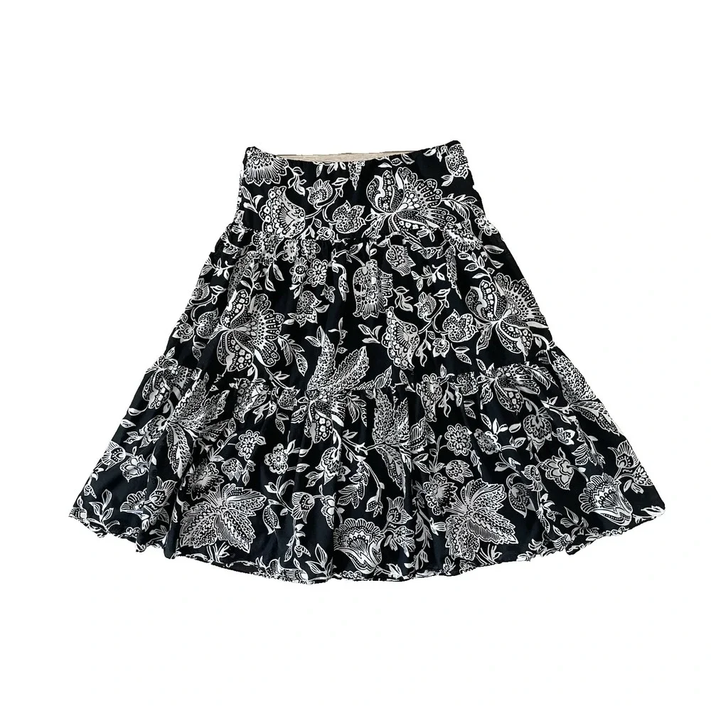 Vtg Y2K Ralph Lauren Tiered‎ Layered Maxi Skirt M Black White Floral Cotton Boho